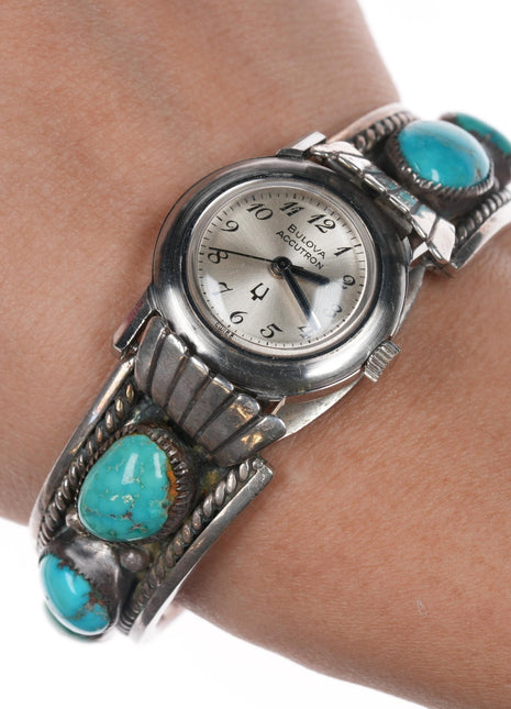 6" Lorenzo Tortalita Kewa Sterling turquoise Bulova Accutron ladies watch cuff bracelet - Estate Fresh Austin