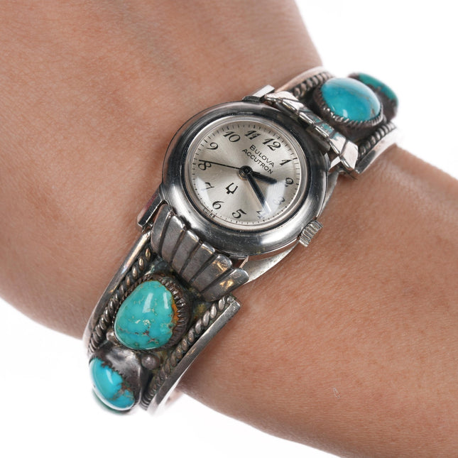 6" Lorenzo Tortalita Kewa Sterling turquoise Bulova Accutron ladies watch cuff bracelet - Estate Fresh Austin