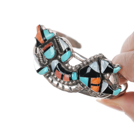 6" Lorraine Waatsa Zuni Rainbow man inlay silver cuff bracelet - Estate Fresh Austin
