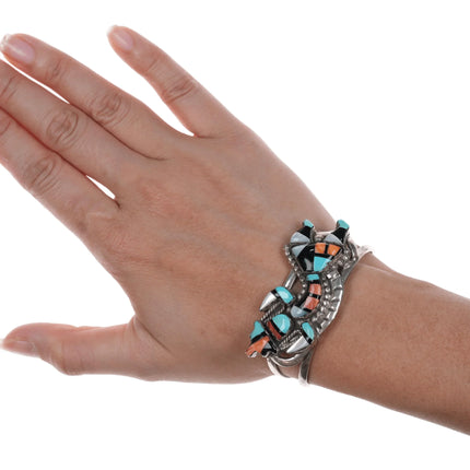 6" Lorraine Waatsa Zuni Rainbow man inlay silver cuff bracelet - Estate Fresh Austin