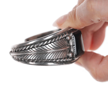 6" Native American sterling and onyx feather form cuff bracelet - Estate Fresh Austin