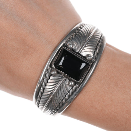 6" Native American sterling and onyx feather form cuff bracelet - Estate Fresh Austin