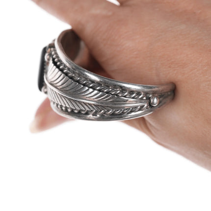6" Native American sterling and onyx feather form cuff bracelet - Estate Fresh Austin