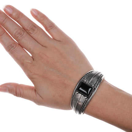 6" Native American sterling and onyx feather form cuff bracelet - Estate Fresh Austin