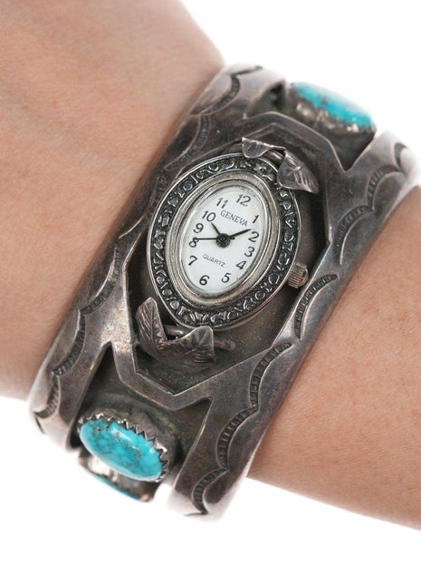 6" Navajo Stamped silver and turquoise Watch cuff bracelet - Estate Fresh Austin