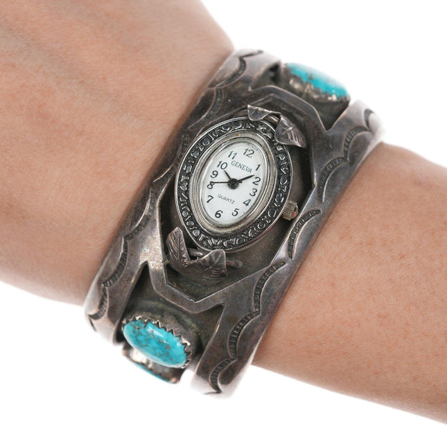 6" Navajo Stamped silver and turquoise Watch cuff bracelet - Estate Fresh Austin