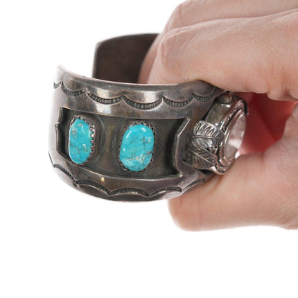 6" Navajo Stamped silver and turquoise Watch cuff bracelet - Estate Fresh Austin