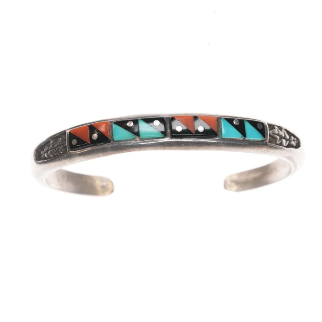 6" VB Vintage Native American silver, turquoise, coral, and Jet cuff bracelet - Estate Fresh Austin