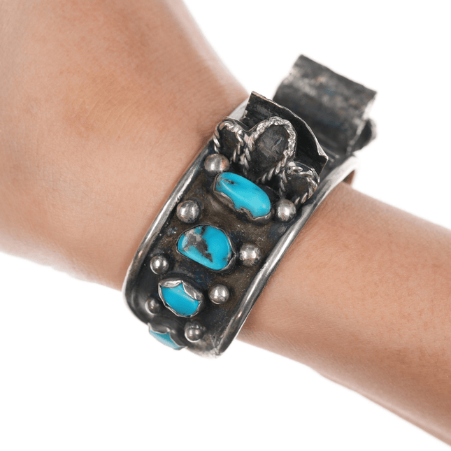 6" Vintage Native American silver and turquoise row watch cuff bracelet - Estate Fresh Austin