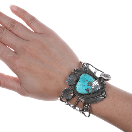 6" Vintage Native American silver and turquoise wide cuff bracelet - Estate Fresh Austin