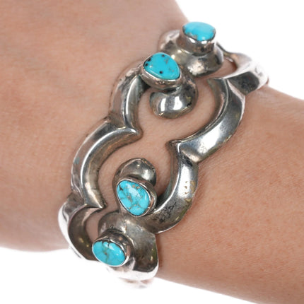6" Vintage Native American silver cast cuff bracelet with 4 turquoise - Estate Fresh Austin