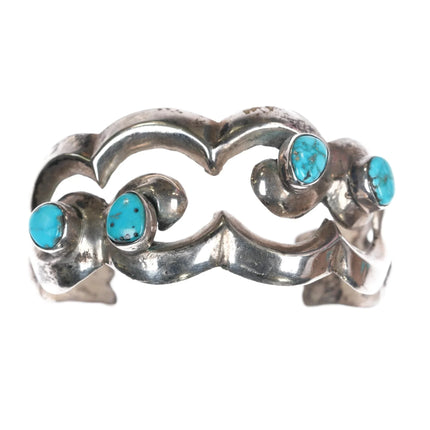 6" Vintage Native American silver cast cuff bracelet with 4 turquoise - Estate Fresh Austin