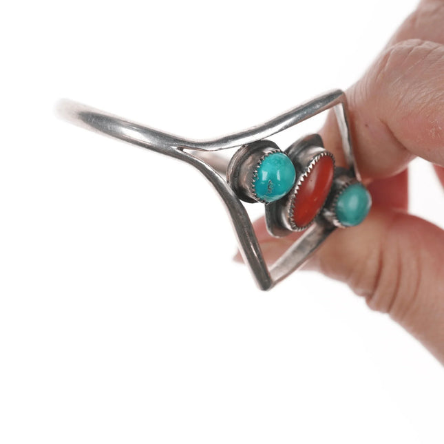 6" Vintage Native American silver diamond shaped cuff bracelet with turquoise and coral - Estate Fresh Austin