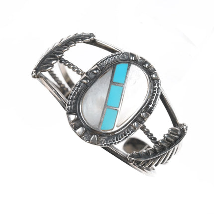 6" Vintage Native American sterling- turquoise/shell channel inlay cuff bracelet - Estate Fresh Austin