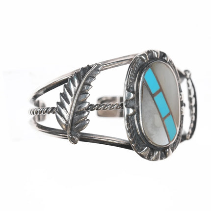 6" Vintage Native American sterling- turquoise/shell channel inlay cuff bracelet - Estate Fresh Austin