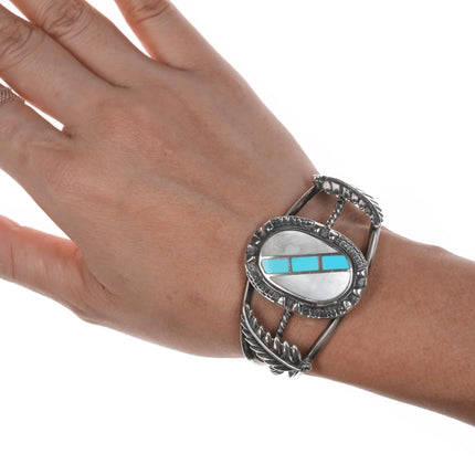 6" Vintage Native American sterling- turquoise/shell channel inlay cuff bracelet - Estate Fresh Austin