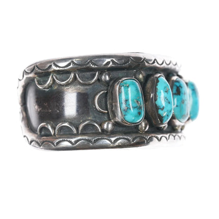 6" Vintage Native American wide silver Morenci turquoise row cuff bracelet - Estate Fresh Austin
