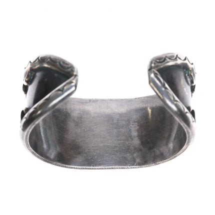 6" Vintage Native American wide silver Morenci turquoise row cuff bracelet - Estate Fresh Austin