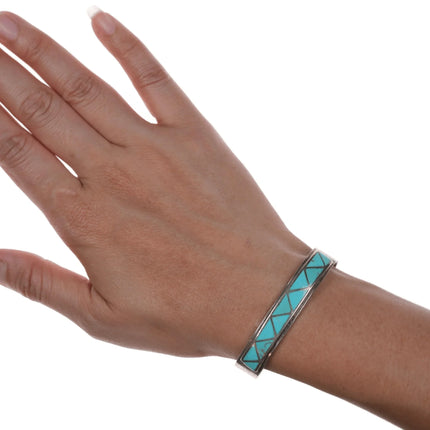 6" Vintage Zuni silver Channel inlay turquoise zig-zag cuff bracelet - Estate Fresh Austin
