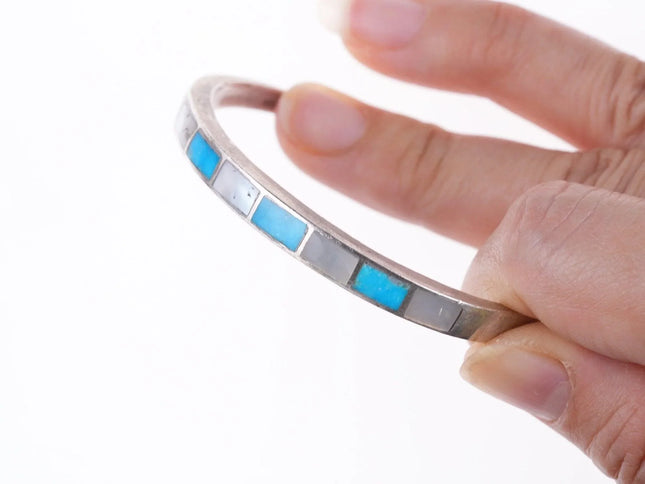 6" Vintage Zuni silver - turquoise and mother of pearl channel inlay bracelet - Estate Fresh Austin