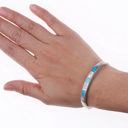 6" Vintage Zuni silver - turquoise and mother of pearl channel inlay bracelet - Estate Fresh Austin