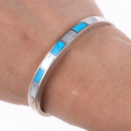 6" Vintage Zuni silver - turquoise and mother of pearl channel inlay bracelet - Estate Fresh Austin