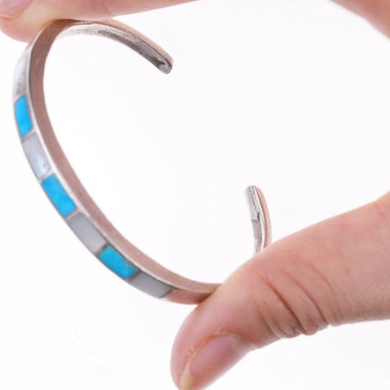 6" Vintage Zuni silver - turquoise and mother of pearl channel inlay bracelet - Estate Fresh Austin