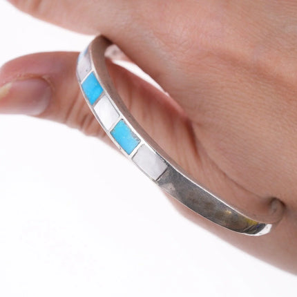 6" Vintage Zuni silver - turquoise and mother of pearl channel inlay bracelet - Estate Fresh Austin