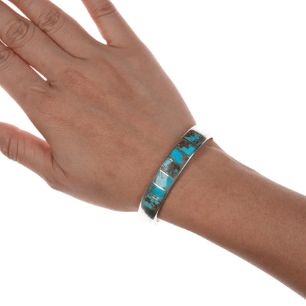 6" Vintage Zuni sterling channel inlay turquoise cuff bracelet - Estate Fresh Austin