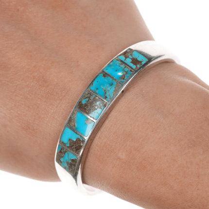 6" Vintage Zuni sterling channel inlay turquoise cuff bracelet - Estate Fresh Austin