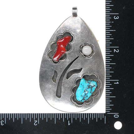 60's-70's Navajo large sterling, turquoise, coral, shell pendant - Estate Fresh Austin