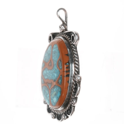 60's-70's Navajo sterling walnut shell turquoise chip inlay pendant - Estate Fresh Austin