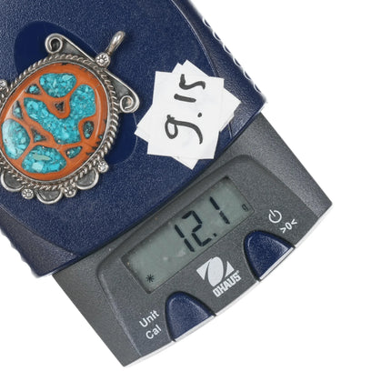 60's-70's Navajo sterling walnut shell turquoise chip inlay pendant - Estate Fresh Austin