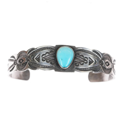 6.25" 1930's Navajo ingot silver turquoise cuff bracelet with amazing stampwork - Estate Fresh Austin