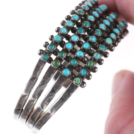 6.25" 1930's Navajo Stamped silver Snake eye turquoise 4 row cuff bracelet - Estate Fresh Austin