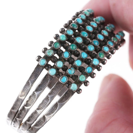 6.25" 1930's Navajo Stamped silver Snake eye turquoise 4 row cuff bracelet - Estate Fresh Austin