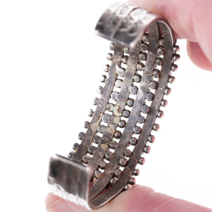 6.25" 1930's Navajo Stamped silver Snake eye turquoise 4 row cuff bracelet - Estate Fresh Austin