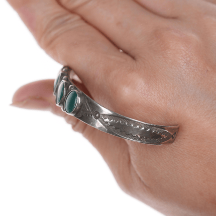 6.25" 30's - 40's Navajo Cerrillios Turquoise Hand stamped silver row cuff bracelet - Estate Fresh Austin