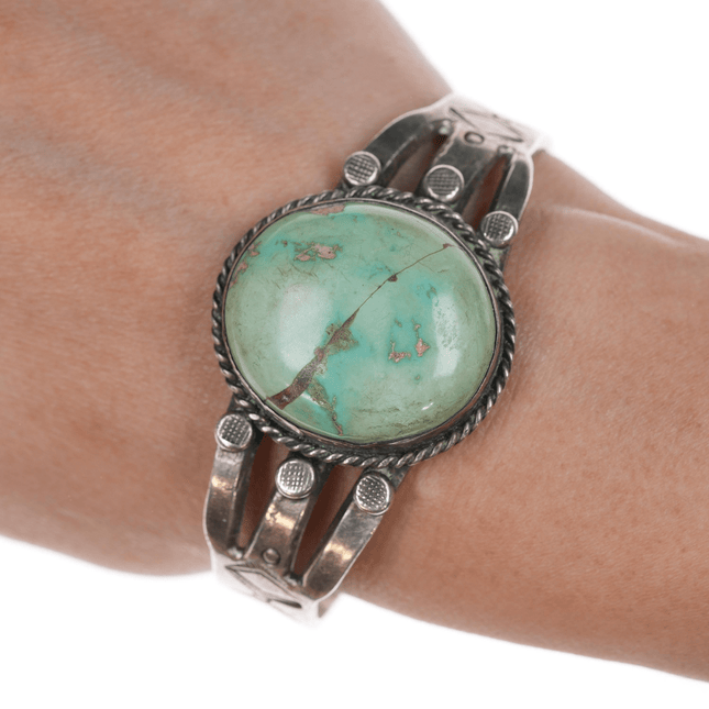 6.25" 30's - 40's Navajo silver cuff bracelet with large turquoise stone - Estate Fresh Austin