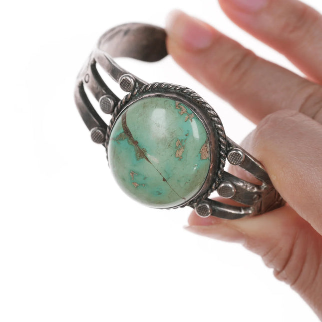 6.25" 30's-40's Navajo silver cuff bracelet with large turquoise stone - Estate Fresh Austin
