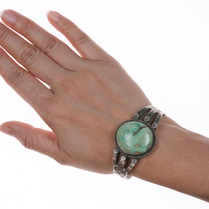 6.25" 30's-40's Navajo silver cuff bracelet with large turquoise stone - Estate Fresh Austin