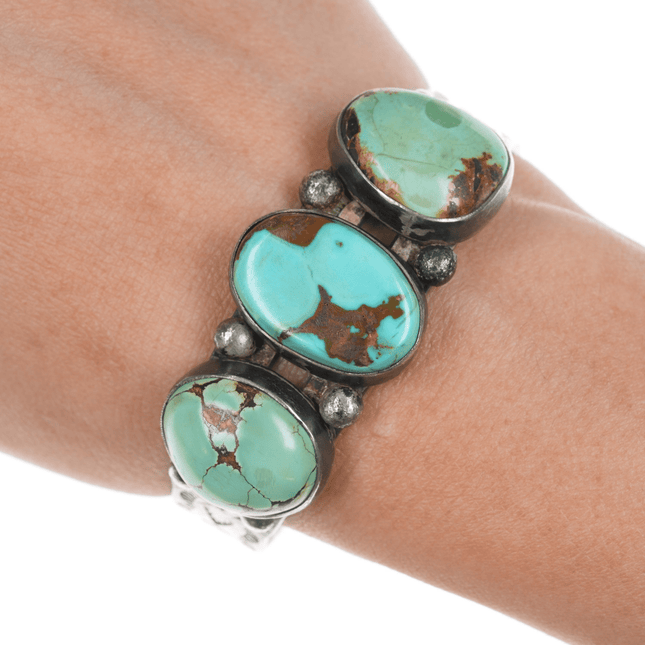 6.25" 30's - 40's Navajo stamped silver cuff bracelet with turquoise - Estate Fresh Austin