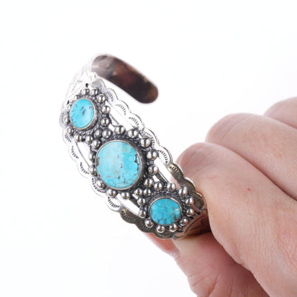 6.25" 40's - 50's Fred Harvy Style sterling and turquoise cuff bracelet - Estate Fresh Austin