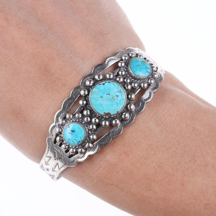 6.25" 40's - 50's Fred Harvy Style sterling and turquoise cuff bracelet - Estate Fresh Austin