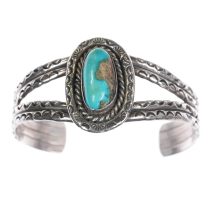 6.25" 40's-50's heavily stamped Native American silver cuff bracelet with nice turquoise - Estate Fresh Austin