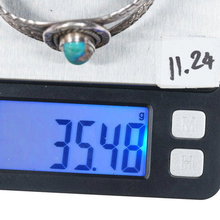 6.25" 40's-50's heavily stamped Native American silver cuff bracelet with nice turquoise - Estate Fresh Austin