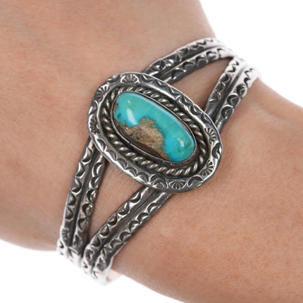 6.25" 40's-50's heavily stamped Native American silver cuff bracelet with nice turquoise - Estate Fresh Austin