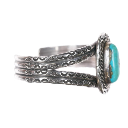 6.25" 40's-50's heavily stamped Native American silver cuff bracelet with nice turquoise - Estate Fresh Austin