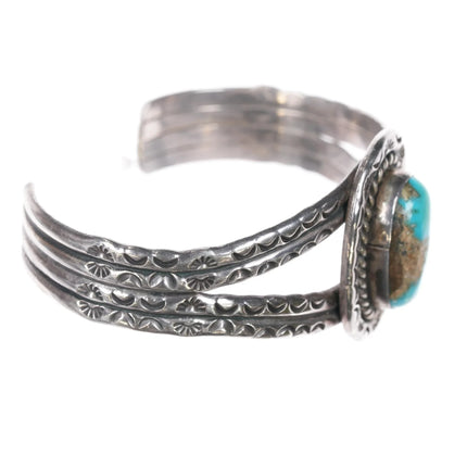 6.25" 40's-50's heavily stamped Native American silver cuff bracelet with nice turquoise - Estate Fresh Austin
