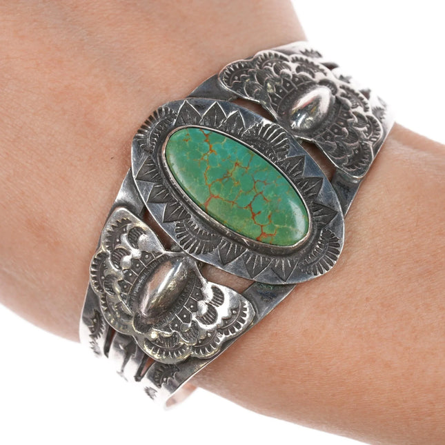 6.25" 40's-50's Navajo Curio Fred Harvey sterling cuff bracelet Green turquoise - Estate Fresh Austin
